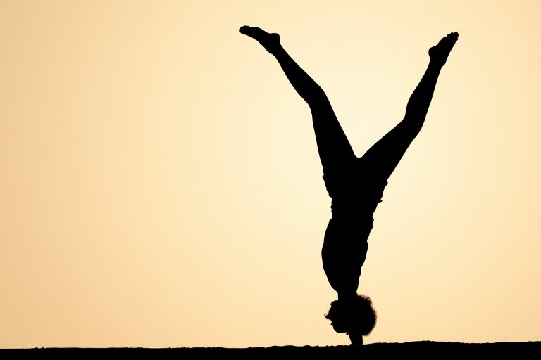 Create a high-resolution silhouette image of a person in a handstand position with a neutral background, using a Canon EOS R5 camera, 35mm lens, f/2.8 aperture, ISO 100, 1/500 sec shutter speed, and a slight top-down view for depth.