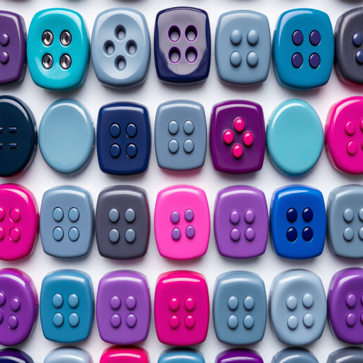 Generate an image of a grid of glossy colored buttons, displaying a variety of shades including teal, navy, purple, magenta, and gray, high-resolution, taken with a Canon EOS 5D Mark IV, 50mm lens, aperture f/2.8, ISO 100, soft lighting, top-down view.