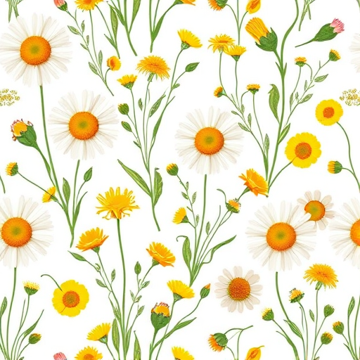 Create a seamless pattern of hand-drawn flowers and greenery with a bright white background featuring daisies and yellow flowers, shot with a Canon EOS R5 at f/8, ISO 100, with a 50mm lens in bright natural light.