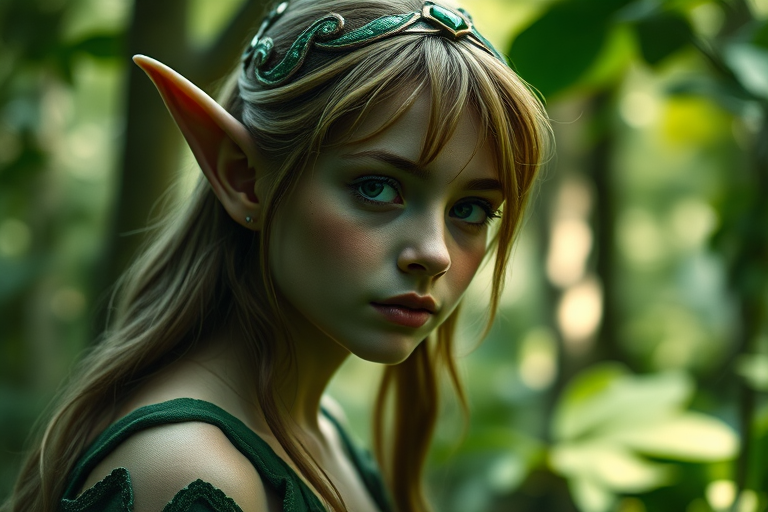 Portrait of an enchanting elf in a mystical forest, soft green hues, natural light filtering through trees, shallow depth of field, 85mm lens, f/1.8 aperture, warm color grading, cinematic style.