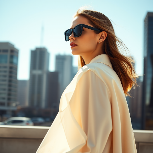 Cityscape backdrop, fashionable attractive model , wearing black shades, oversized coat, minimalist accessories, urban chic vibe, Shoot against a strong backlight using a 50mm f/1.2 lens to create a soft, silhouetted profile, highlighting the flow and transparency of the fabric