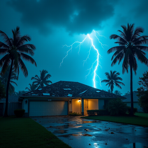 Hurricane Milton blows a roof off a home. Strong winds and rain blows sideways. Palm trees uprooted and bent over. Cars flying through the sky with debris. Sky is dark with thunder storms. Lightning strikes are fluorescent blue. Add text Hurricane Milton 2024