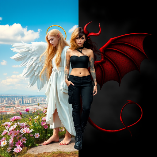 Create an image with a split composition, half representing an angel and half a demon. The angel is on the left, depicted with long, flowing blonde hair, a golden halo above her head, and wearing a white robe. She has large, feathered wings, and she's barefoot, standing amidst blooming flowers with a cityscape in the background under a clear blue sky with a few clouds. The demon is on the right, featuring long, wavy black and red hair, red horns on her head, and wearing a black crop top and black cargo pants. She has large, bat-like wings with red and black hues, and is wearing black combat boots. Her skin is adorned with tattoos. The background on the demon's side is dark and smoky, with hints of flames and a red tail curling behind her. Both figures stand back-to-back, creating a stark contrast between light and dark, good and evil.