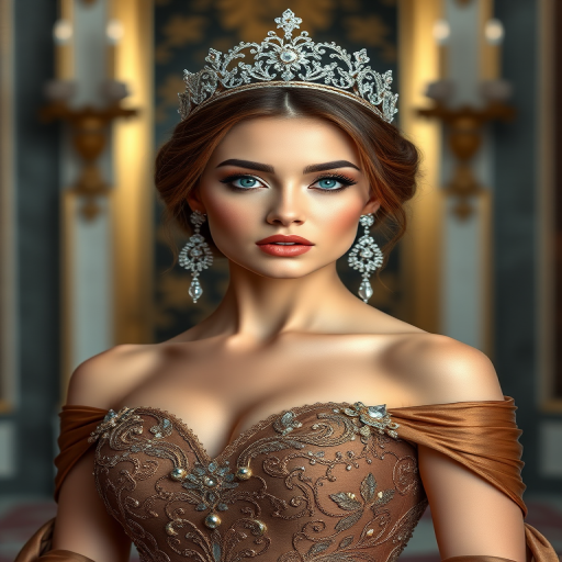 A gorgeous Kazakh woman in a luxurious brown gown, accessorized with a dazzling tiara and statement earrings, her deep blue eyes highlighted by impeccable makeup, poised in a royal setting, photorealistic, 8K quality