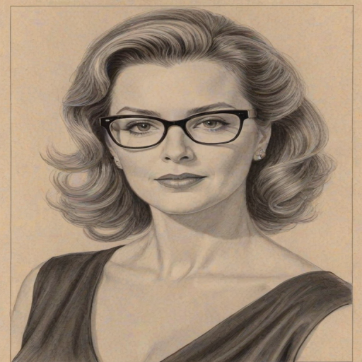 Pleasing Elizabeth Perkins, pencil sketch, portrait of Elegant woman 1957s in glasses, hair style beatnik, outline, clear lines, fine lines, 8k