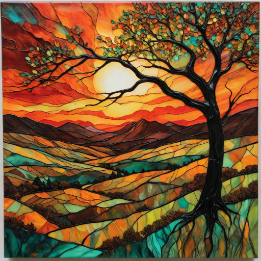 A vibrant abstract painting on Tiffany Glass, blending acrylic and alcohol ink techniques, captures a dramatic sunset over rolling hills. The artwork features a textured, rocky foreground in green and brown, layered abstract hills, and a striking sunset in rich oranges, yellows, and reds. A solitary black tree with intricate branches contrasts against the fiery sky, creating a dynamic and expressive portrayal of a breathtaking natural scene.