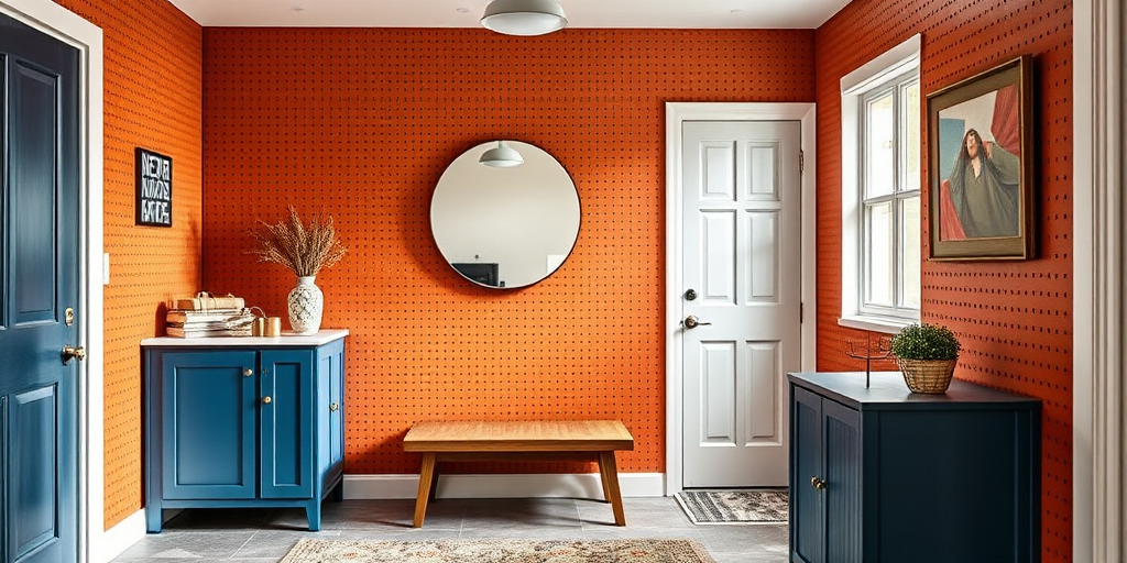 Create a modern entryway with a pegboard wall in a warm terracotta color, a stylish mirror, blue cabinetry, a wooden bench, and decorative items, captured with a DSLR camera at f/4.0, ISO 200, 24mm lens, in natural lighting from an angle to enhance depth.