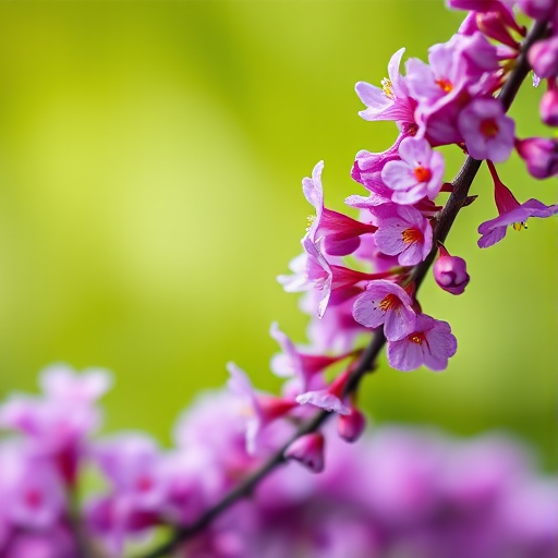 macro shot of a vibrant purple flowering branch with soft green background, f/2.8 aperture, 1/200 sec shutter speed, ISO 100, taken with a DSLR camera in natural light, shallow depth of field, focus on the floral details.