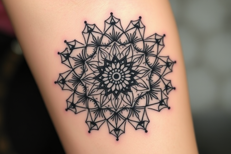 Delicate blackwork mandala tattoo called "Sacred Geometry" showcasing intricate repeating patterns radiating from a central point with varying line weights and dotwork shading