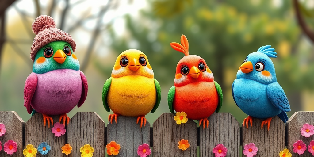 create a scene of 4 quirky  whimsical colourful comical birds each with a funny expression. they are sat on a wooden fence with colourful flowers. they are all different sizes. each one is a different colour  one is wearing a woolly hat. Each one has a different quirky google expression and there is a muted background of trees watercolour paintierly style high definition 8k resolution 3D paper mache