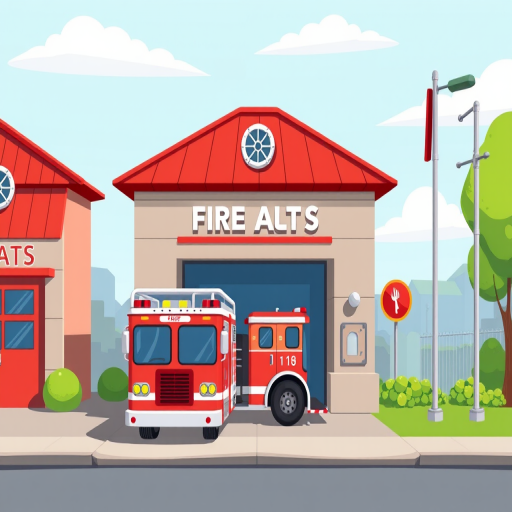 illustration of a cartoon fire station with a red roof and a fire truck parked outside, high detail, 4K resolution, wide-angle lens, f/8 aperture, ISO 100, bright daylight setting, vector style