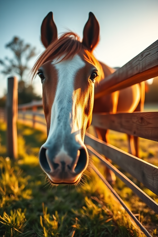 photograph a horse grazing near a wooden fence during golden hour with soft natural lighting, use a 50mm f/1.8 lens at f/2.8 for shallow depth of field, ISO 200, shutter speed 1/200, and capture from eye level to create an intimate perspective