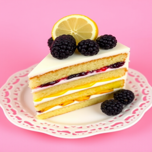 A slice of layered cake with alternating stripes of white cream, yellow filling, and berry jam, garnished with fresh blackberries and a lemon slice, placed on an ornate white plate against a pink background.
