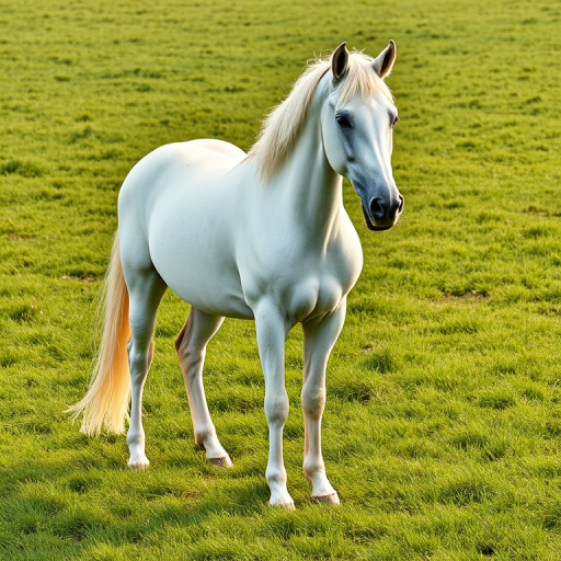 Generate a high-resolution illustration of a graceful white horse standing on lush green grass, using a Canon EOS R5 camera with a 50mm lens, aperture set to f/8 for sharpness, ISO 100 for clarity, and a slight vignette effect to enhance focus on the horse.