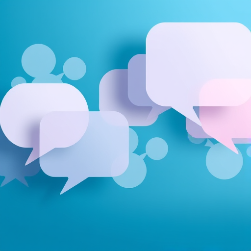 Create an abstract image of overlapping chat speech bubbles in various sizes, with a smooth gradient background transitioning from deep blue to light blue, captured using a DSLR camera with a 50mm lens, aperture set to f/1.8, ISO 200, and soft focus for a dreamy effect.