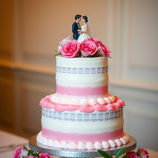 Generate an image of a three-tiered wedding cake decorated with pink and white icing, featuring flowers and figurines of a bride and groom on top, shot with a Canon EOS R5, 50mm f/1.2 lens, at f/2.8, ISO 200, natural light, with a soft focus background for an elegant presentation.
