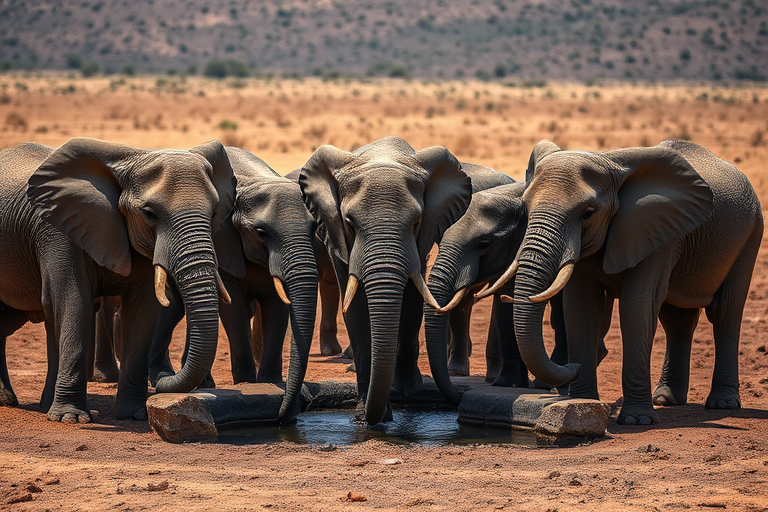 a group of elephants gathered around a water source in a dry landscape, captured with a Canon EOS 5D Mark IV, 24mm lens, f/8 aperture, 1/250 shutter speed, ISO 400, natural light, eye-level perspective, emphasizing their texture and details