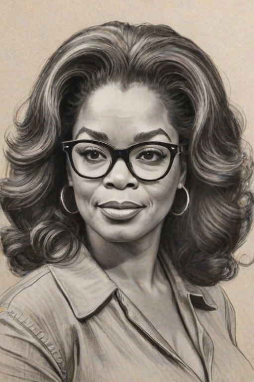 Fetching Oprah Winfrey, pencil sketch, portrait of Attractive woman 1962s in glasses, hair style beatnik, outline, clear lines, fine lines, 8k