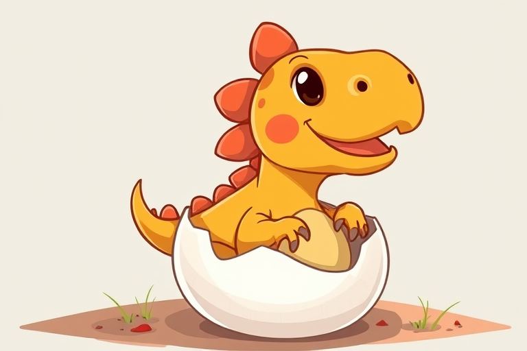 Create a cartoon-style illustration of a cute dinosaur hatching from an egg, with a playful expression and vibrant colors, using a soft focus lens, 50mm aperture, f/2.8, at a slight overhead angle to enhance depth and detail in the image.