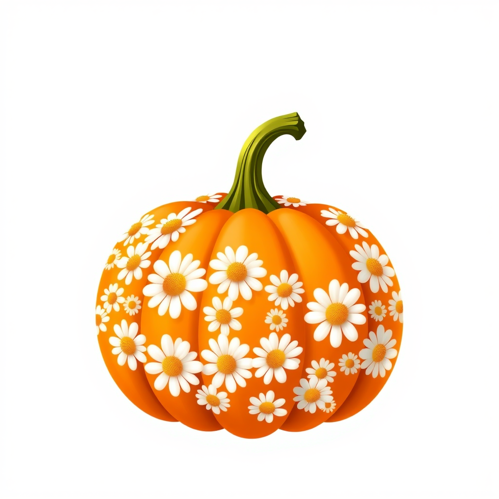 a whimsical orange pumpkin with white daises pattern covering the pumpkin. Solid white background sublimation vector 3000dpi 32k