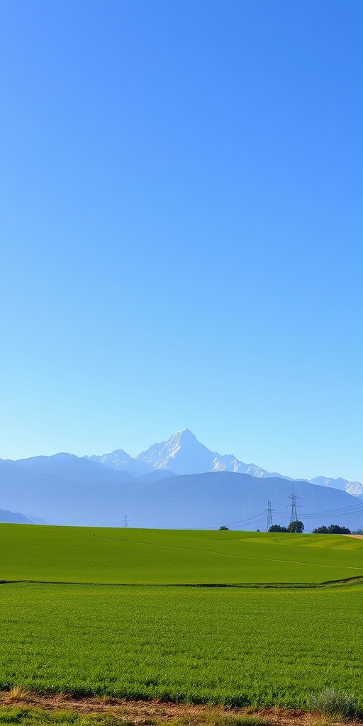 Create a high-resolution image of a serene landscape featuring a mountain range with a clear blue sky and lush green fields in the foreground, photographed with a Canon EOS 5D Mark IV, 50mm lens, f/8 aperture, ISO 100, natural lighting, from a slightly elevated perspective to capture depth.