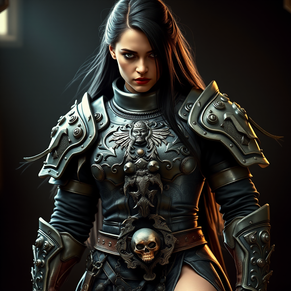 Create a photo of a fierce Turkish female warrior with long black hair, wearing an ornate, metallic armor. The armor includes a breastplate with intricate designs, shoulder guards, and gauntlets. The breastplate is decorated with a central emblem, possibly representing a mythical symbol, and has a sculpted, form-fitting design. She wears a belt with a large skull ornament at the center, and her armor extends into a partial skirt, revealing one leg. The overall look is both protective and stylish, with a dark, gothic aesthetic. The background is dimly lit, suggesting a medieval or fantasy setting, enhancing the warrior's imposing presence and intense expression.