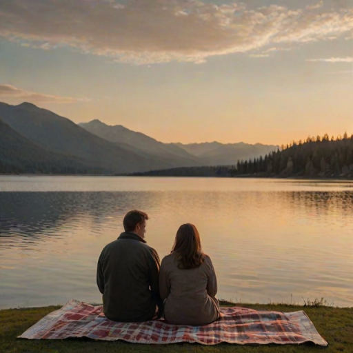 Warmly lit image of a couple sitting on a blanket by a lake at sunset, soft glow from the setting sun reflecting off the water, distant mountains silhouetted against the sky, gentle waves lapping at the shore, a peaceful, quiet moment captured.