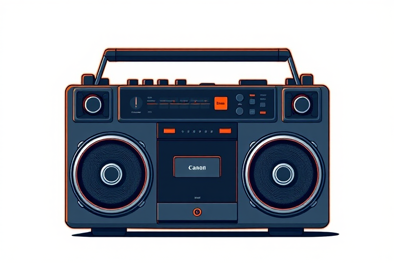Create a high-resolution illustration of a retro boombox with a vibrant orange outline, using a Canon EOS 5D Mark IV, 50mm lens, f/2.8 aperture, 1/200 sec shutter speed, in a bright studio lighting setup, front view, minimalist style.