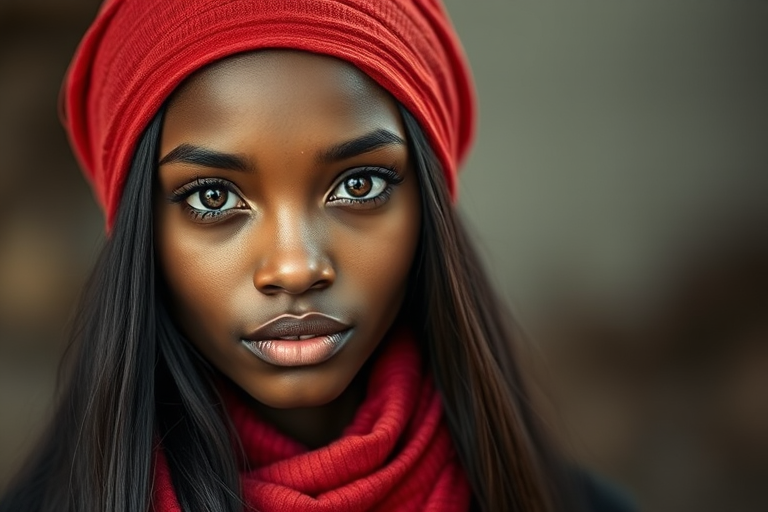 Create a portrait of a young African American woman with long, dark hair and captivating hazel eyes. She is wearing a red headscarf and a matching scarf draped gracefully around her neck. The background is softly blurred, focusing attention on her serene and natural expression. The overall color palette is muted and warm, enhancing the intimate and authentic feel of the portrait.