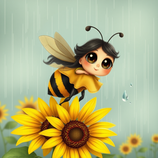 a whimsical cute girl with big eyes, big hair and flowing dress, riding astride a bumble bee, and flying across the top of the sunflower, which are just waking up, and catching dew drop of rain