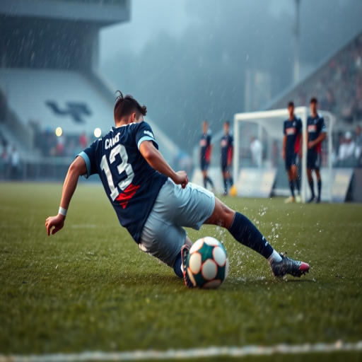 Blurry action shot of a soccer player sliding into a tackle on a rain-soaked field, water droplets flying through the air, with soft stadium lights reflecting off the wet grass and distant teammates watching from the sidelines.