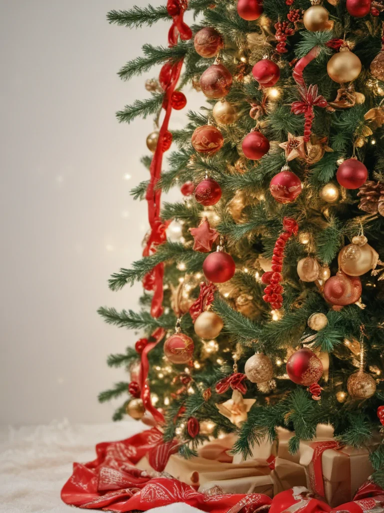 Festively Decorated Christmas Tree with Ornaments and Presents Underneath