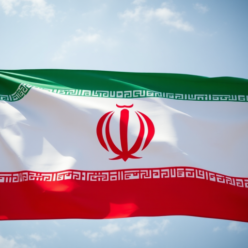 Create a high-resolution image of the national flag of Iran, using a DSLR camera with a 50mm lens, f/8 aperture, ISO 200, natural daylight, and a frontal view to enhance the colors and details.