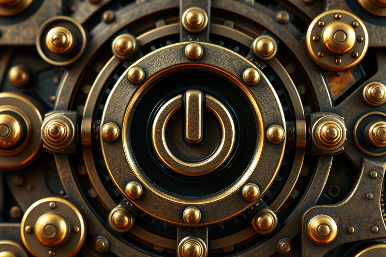 Create a highly detailed digital illustration of a steampunk-themed power button encased in ornate brass and copper machinery, using 4K resolution, a 50mm lens, f/2.8 aperture, and soft studio lighting to enhance depth and texture.