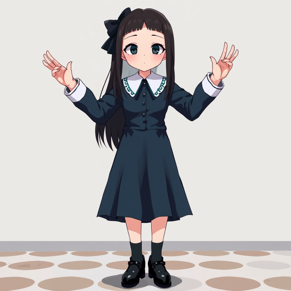 Digital art, full height portrait of Wednesday Addams, standing up with her hands in the air as if in a hold-up. Her dark, gothic attire replaces Alice’s classic blue dress, and she wears black shoes instead of blue. A small, neat black bow adorns her hair, capturing her signature style. The overall composition maintains a whimsical yet eerie tone, similar to Alice in Wonderland, while showcasing Wednesday’s iconic gothic charm.