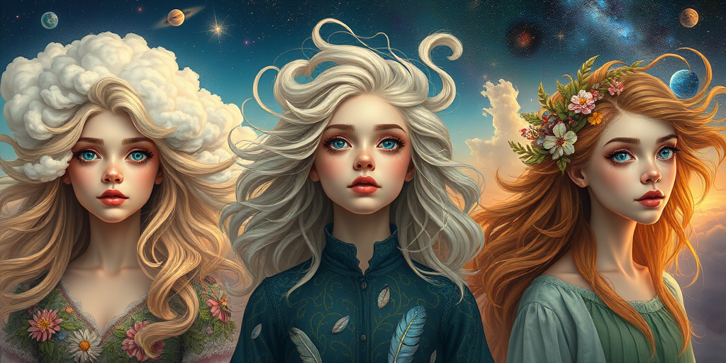 Create a series of imaginative portraits where each subject is infused with elements of fantasy and nature. The hair of the individuals should flow like clouds, varying from soft, fluffy cumulus to wispy cirrus strands, with hints of color reflecting a sunset or a clear blue sky. The eyes should be windows to entire galaxies, with stars, nebulae, and distant planets visible within them. Clothing should be adorned with nature motifs, such as floral patterns that bloom and change, vines that seem to grow and wrap around, or feathers that shimmer with iridescence. Each portrait should capture a unique personality, blending human features with the ethereal beauty of the natural and cosmic world. The backgrounds can vary, from starry night skies to enchanted forests, adding depth and context to the magical realism of the portraits