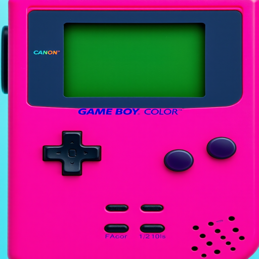 Create an image of a Game Boy Color in vibrant pink against a teal background, focus on a high-resolution close-up shot, use a Canon EOS R5 camera, set aperture to f/2.8, ISO 100, shutter speed 1/125s, employ a macro lens for detail enhancement.