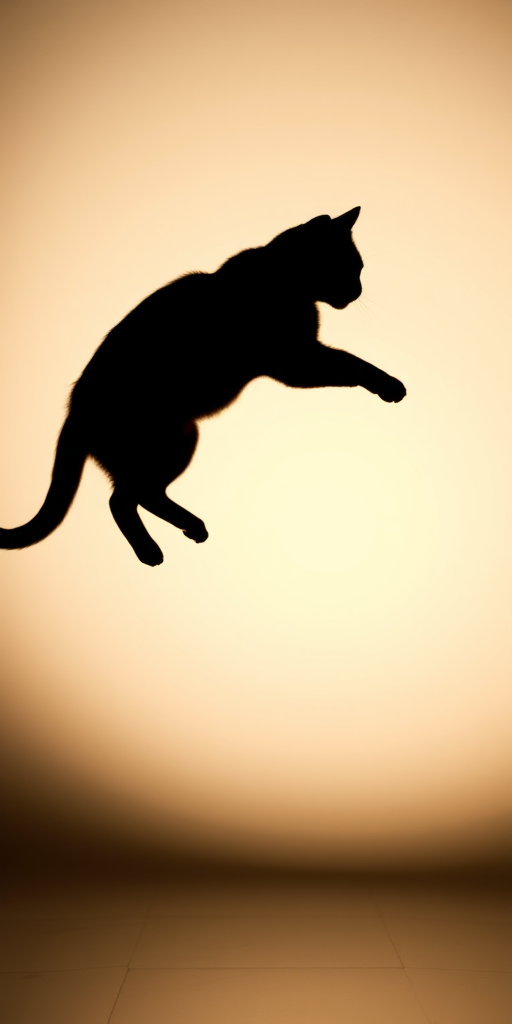 Create a high-resolution silhouette of a leaping cat against a simple background with soft lighting, using a DSLR camera, 50mm lens, f/1.8 aperture, ISO 200, and a wide-angle view for clarity.