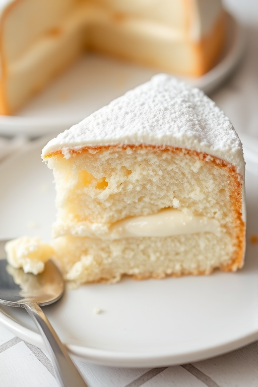 A close-up of a slice of fluffy white cake with powdered sugar on top revealing a creamy filling inside on a white plate with a cake server nearby.