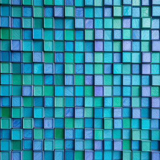 create a vibrant mosaic of squares in various shades of green, blue, and purple, captured with a Canon EOS R5, 50mm lens, f/1.8 aperture, ISO 100, natural light, top-down view for texture enhancement.