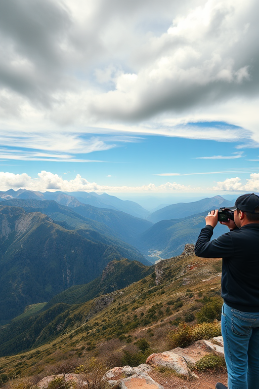 capture a breathtaking panoramic view of a mountainous landscape under a cloudy sky with a person taking a photo, use a DSLR camera with a wide-angle lens, aperture f/11, ISO 100, shutter speed 1/200 sec, shot from a high vantage point with a slightly lower angle for depth and perspective
