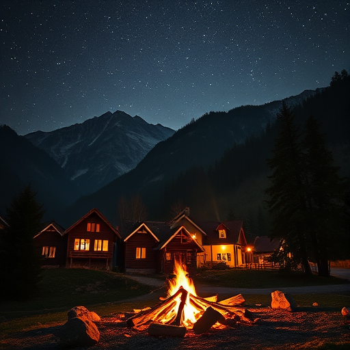 Create a serene nighttime village scene in a mountainous landscape with starry skies, warm glowing lights from cottages, a crackling campfire in the foreground, and lush trees, captured using a DSLR camera with a 24mm lens, f/8 aperture, ISO 400, and a long exposure to enhance the details and colors.