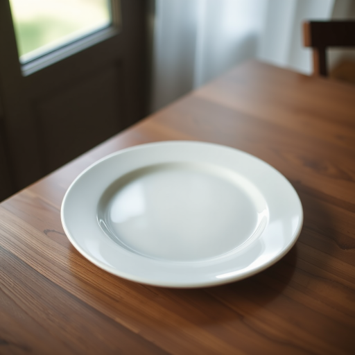 A minimalist white plate placed on a wooden table with soft natural lighting, DSLR camera, 50mm lens, aperture f/2.8, ISO 100, shot from a top-down view, shallow depth of field to softly blur the background.
