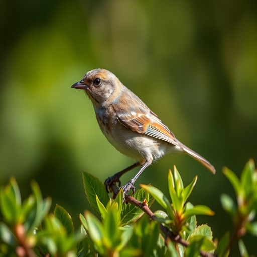 captured image of a small bird perched on green foliage, shallow depth of field, 50mm lens, f/2.8 aperture, ISO 200, natural sunlight, DSLR camera, focus on bird with blurred background