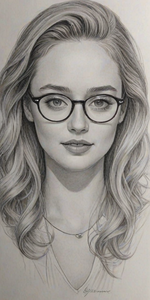 Superb Greer Grammer, pencil sketch, portrait of Enchanting woman 1921s in glasses, hair style beatnik, outline, clear lines, fine lines, 8k