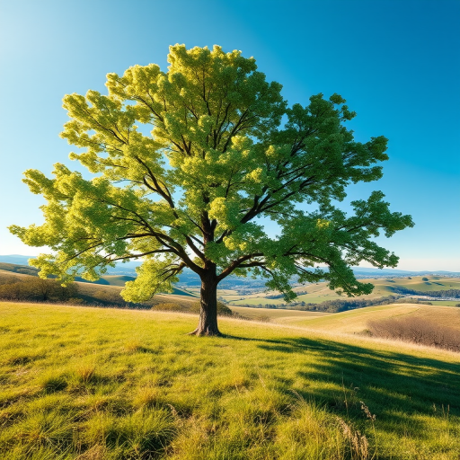 Create a high-resolution digital artwork of a lush green tree on a grassy landscape with soft rolling hills in the background under a clear blue sky; use a wide-angle lens with a shallow depth of field, aperture f/2.8, ISO 100, and a warm color filter to enhance vibrancy and detail.
