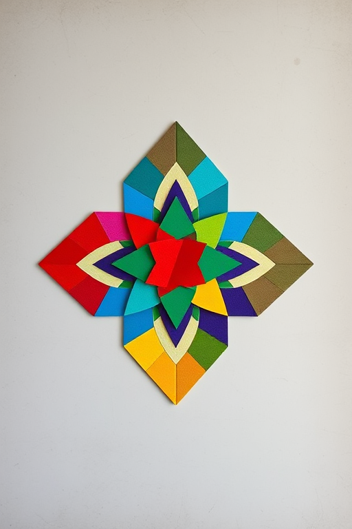Create an abstract geometric art piece featuring a vibrant mosaic of colors including red, blue, green, yellow, and purple against a muted background, using a Canon EOS R5 camera, 24mm lens, f/8 aperture, ISO 100, and a wide-angle view for enhanced clarity and detail.