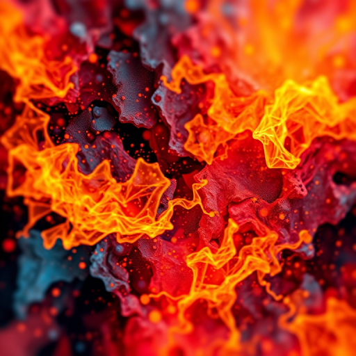 Create an abstract digital artwork with vivid colors and a textured appearance resembling fiery chaos, using a high-resolution setting of 4000x3000, a DSLR camera type for clarity, a wide-angle lens with an f-stop of 8 for depth of field, and a soft focus background to enhance the vibrant details.
