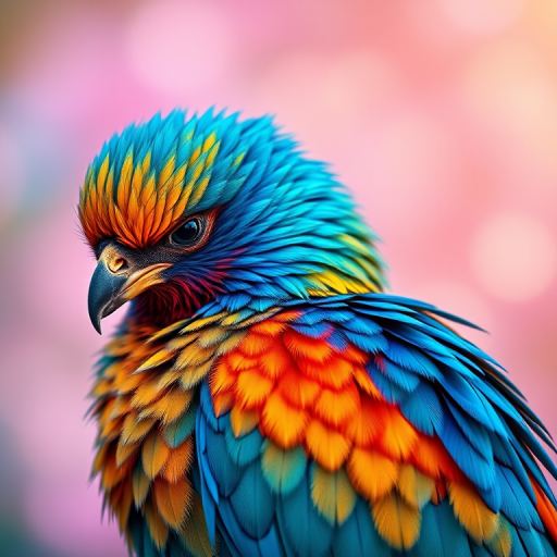 Create a vibrant and colorful image of a phoenix with detailed feathers in shades of blue, gold, and orange, set against a dreamy background of soft pastels and circular bokeh; use a DSLR camera with a 50mm lens, aperture set to f/1.8 for shallow depth of field, ISO 100 for minimal noise, and capture in natural light for enhanced colors.