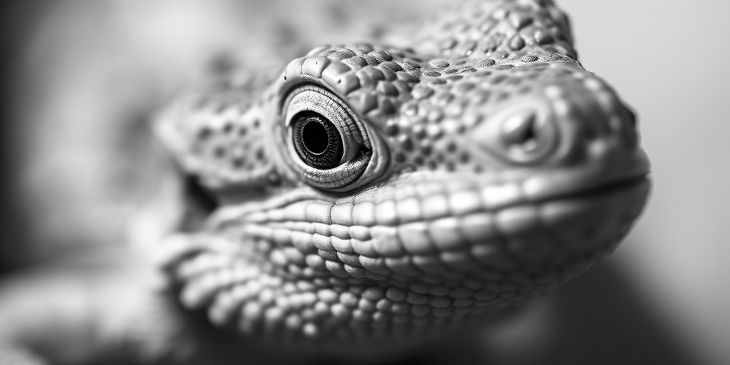 Close-up of a lizard's head in black and white, shallow depth of field, 50mm lens, aperture f/2.8, ISO 100, natural light, macro photography, DSLR camera.